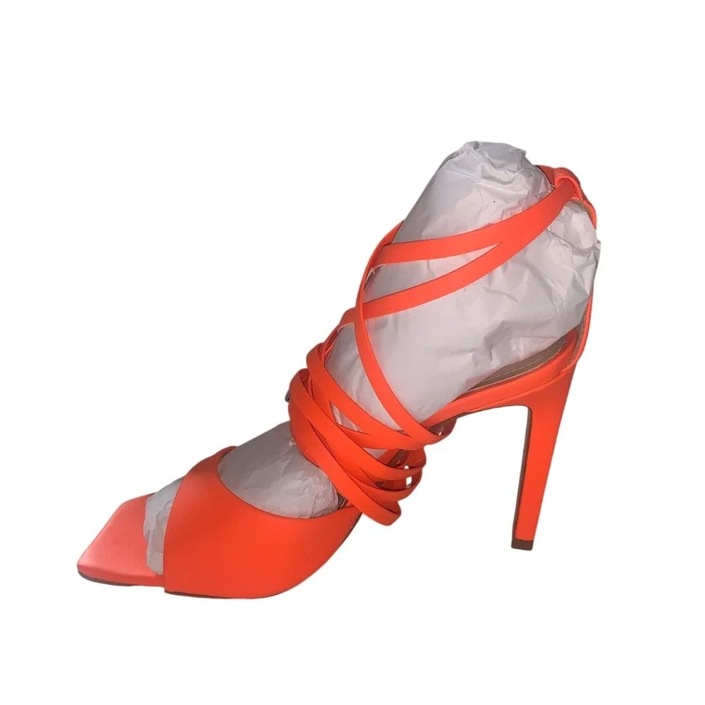 NEW Schutz Bryce Leather Sandal Acid Orange Lace‎ Up Square Toe Stiletto Heel 7B